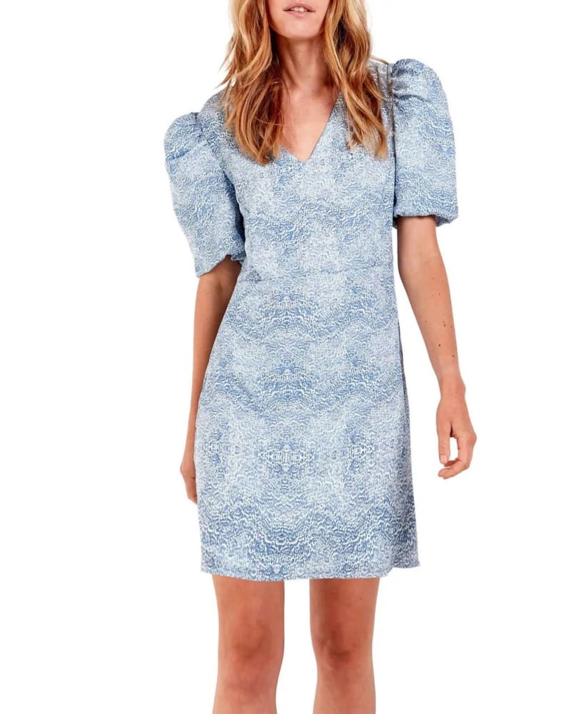 Front of a model wearing a size L Ischia Print Dress in Blue in Blue by AS by DF. | dia_product_style_image_id:345518